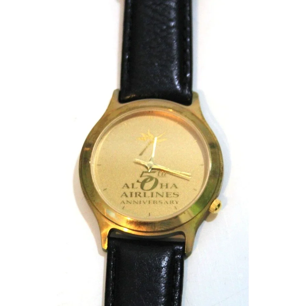 Rare Aloha Airlines Logo 50th Anniversary Vintage Wrist Watch Gold Tone Leather